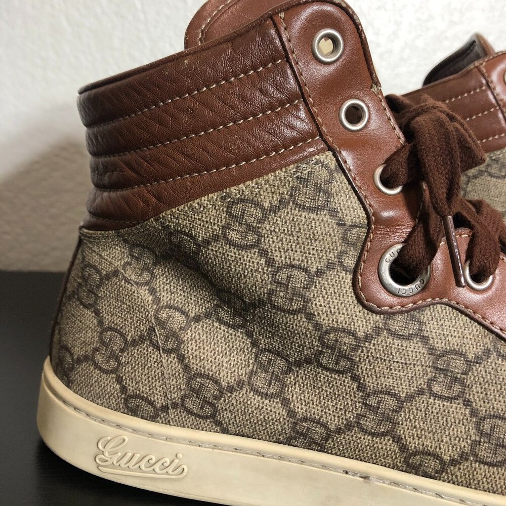 SOLD Gucci 224778 GG Imprime High Top Authentic Brown Crocodile Trim Men’s 8.5 - Picture 4 of 13